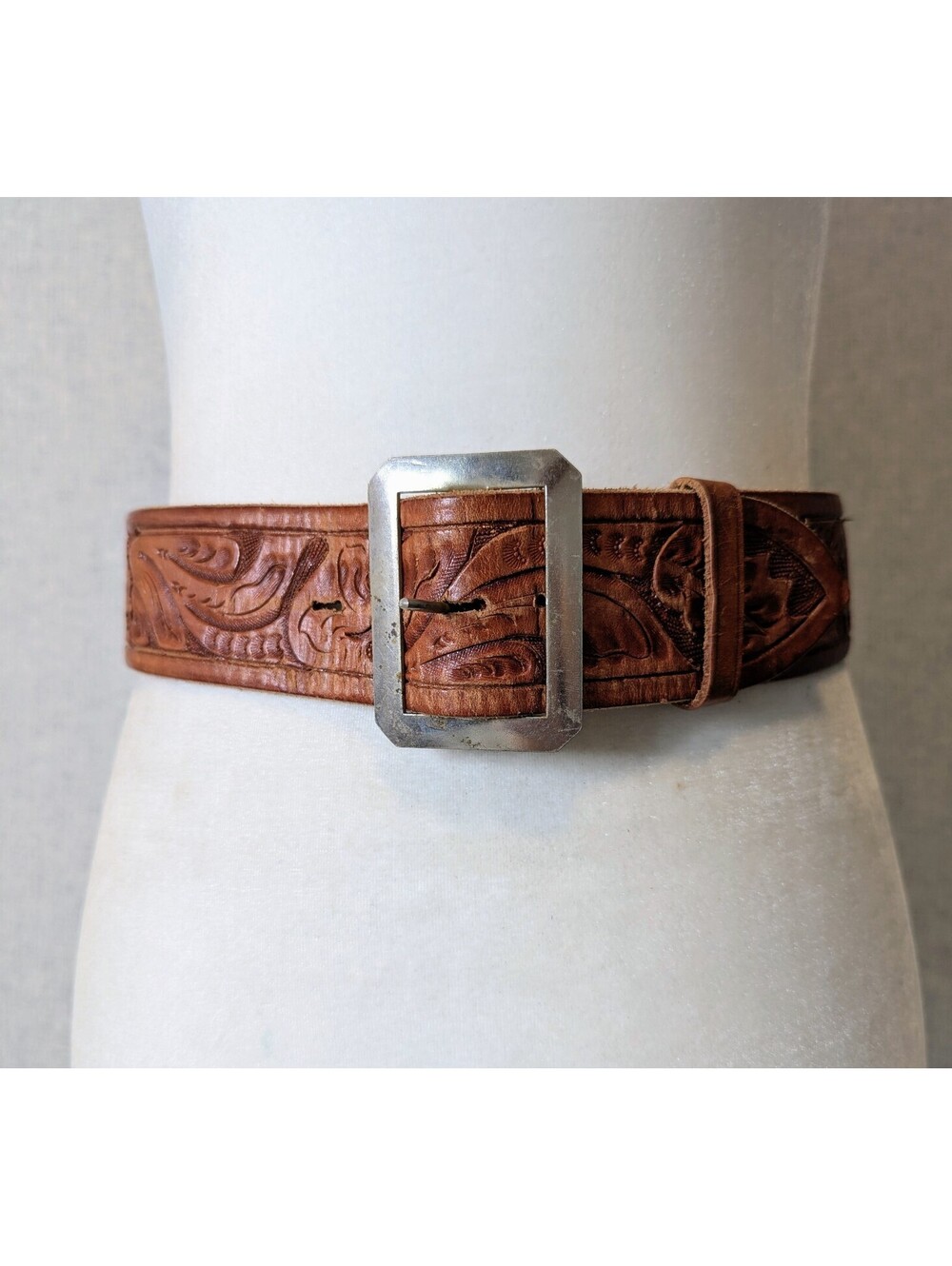Vintage tooled leather wide western belt - Size S/M